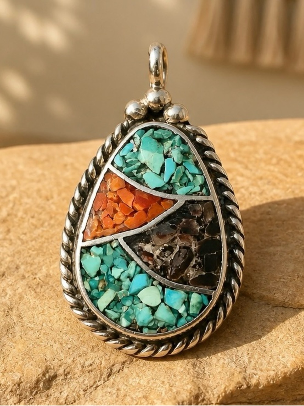 Native American Sterling Silver chipped mosaic Turquoise, coral Inlay Pendant
